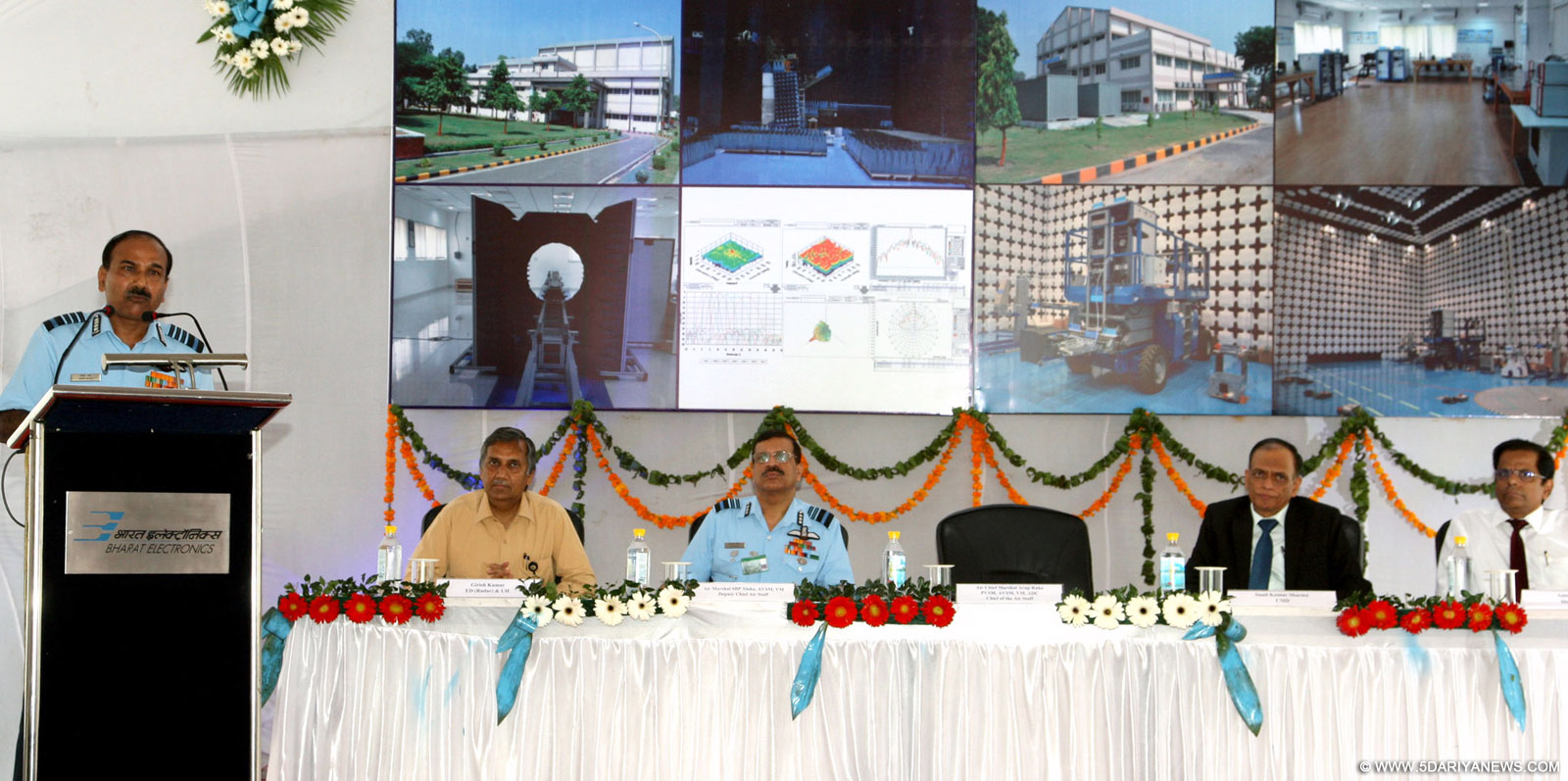 The Chief of the Air Staff, Air Chief Marshal Arup Raha addressing at the inauguration of the EMI-EMC testing facility and a Near Field Antenna Test Range-II, at BEL, Ghaziabad September 21, 2015. The CMD of BEL, Mr. S.K. Sharma and other dignitaries are also seen.