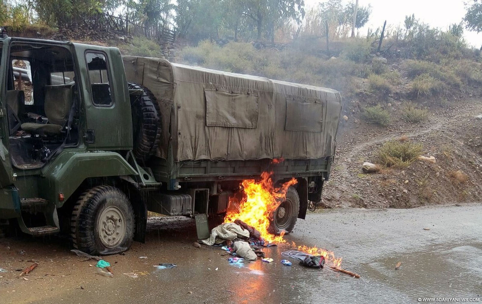 An army vehicle that was damaged by irate mob after two women were killed after being hit by an army vehicle in Kupwara of Jammu and Kashmir on Sep 22, 2015. 