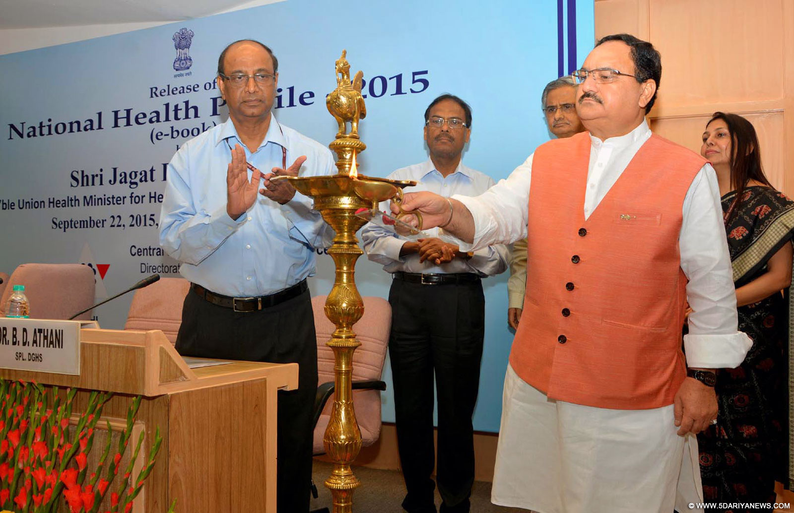 The Union Minister for Health & Family Welfare, Shri J.P. Nadda lighting the lamp at the release ceremony of the “National Health Profile-2015”, published by the Central Bureau of Health Intelligence (CBHI), in New Delhi on September 22, 2015. The secretary, Ministry of Health and Family Welfare, Shri B.P. Sharma and the DGHS, Dr. (Prof.) Jagdish Prasad are also seen.