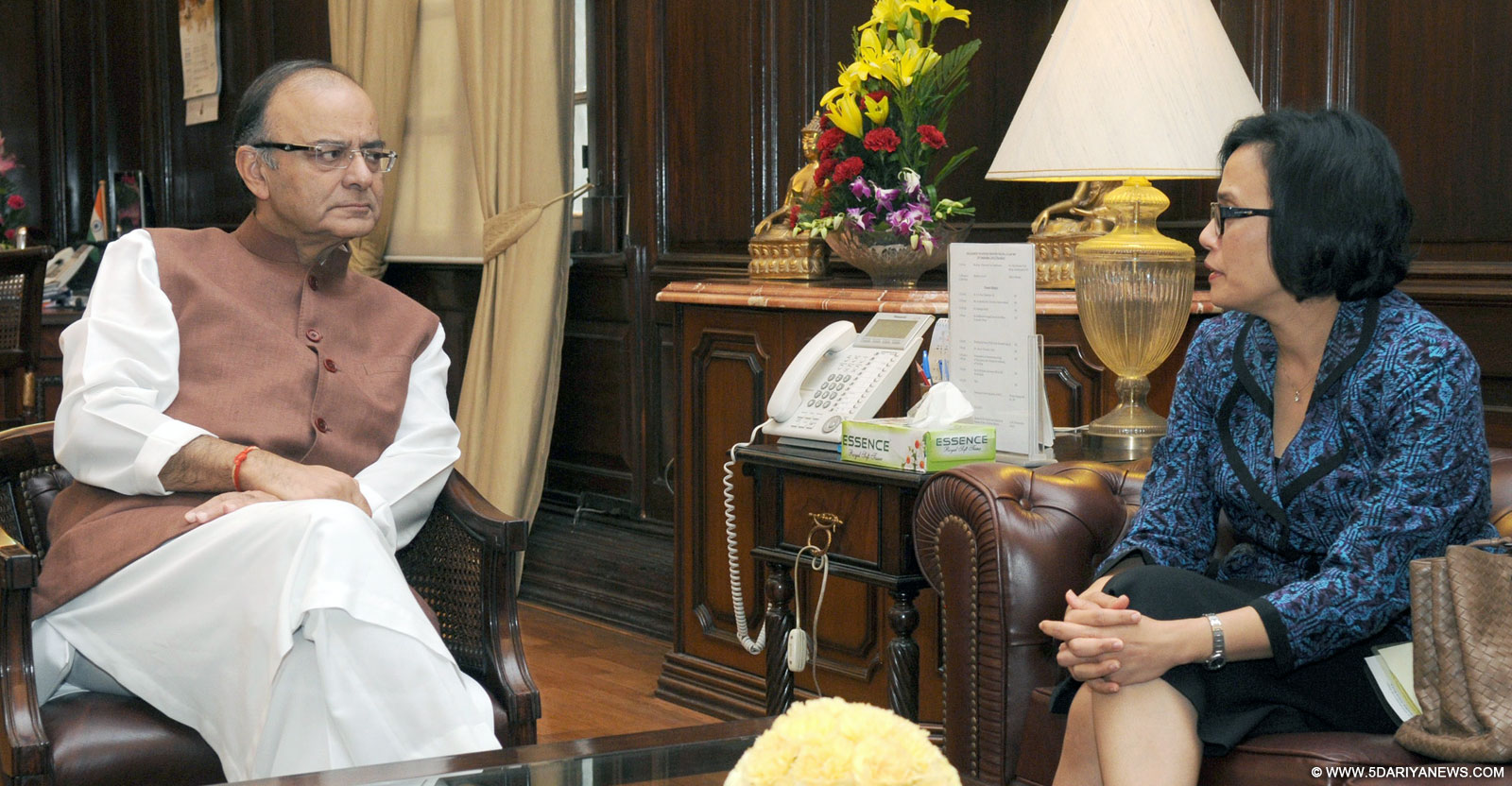 New Delhi: New Delhi: World Bank MD Sri Mulyani Indrawati calls on the Union Minister for Finance, Corporate Affairs and Information and Broadcasting, Arun Jaitley, in New Delhi on Sep 24, 2015. 