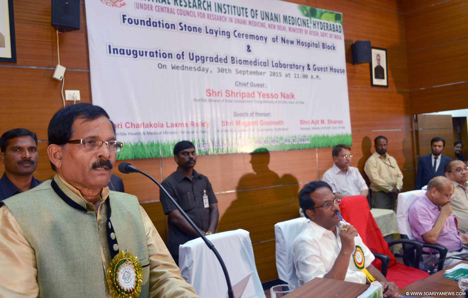 The Minister of State for AYUSH (Independent Charge) and Health & Family Welfare, Shri Shripad Yesso Naik addressing at the foundation stone laying ceremony of New Hospital block, inauguration of Upgraded Biomedical Laboratory and Guest House, at Central Research Institute of Unani Medicine, in Hyderabad on September 30, 2015.