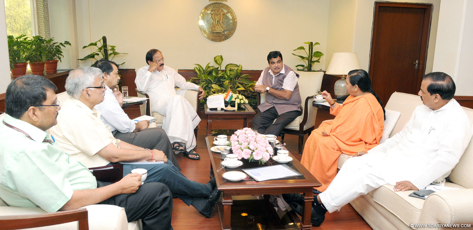 The Union Minister for Urban Development, Housing and Urban Poverty Alleviation and Parliamentary Affairs, Shri M. Venkaiah Naidu, the Union Minister for Road Transport & Highways and Shipping, Shri Nitin Gadkari, the Union Minister for Water Resources, River Development and Ganga Rejuvenation, Sushri Uma Bharti and the Minister of State for Culture (Independent Charge), Tourism (Independent Charge) and Civil Aviation, Dr. Mahesh Sharma in a review meeting on Ganga Rejuvenation, in New Delhi on 