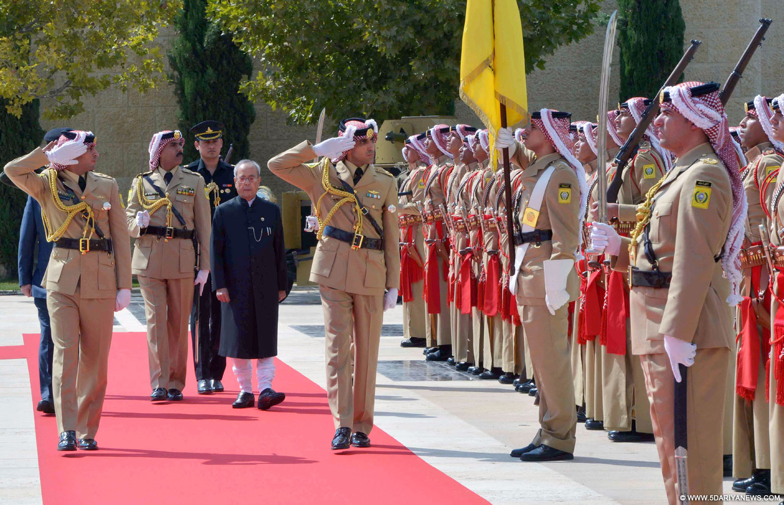 The President, Shri Pranab Mukherjee inspecting the Guard of Honour, at the Ceremonial Reception, at Al Husseinieh Palace, in Amman, Jordan on October 10, 2015. 