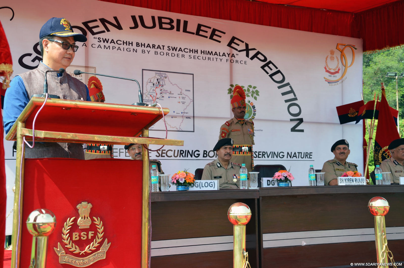 The Minister of State for Home Affairs, Shri Kiren Rijiju addressing at the flag off ceremony of the ‘Swachh Bharat, Swachh Himalaya’ campaign of the Border Security Force, in New Delhi on October 12, 2015. The Director General, BSF, Shri D.K. Pathak is also seen.