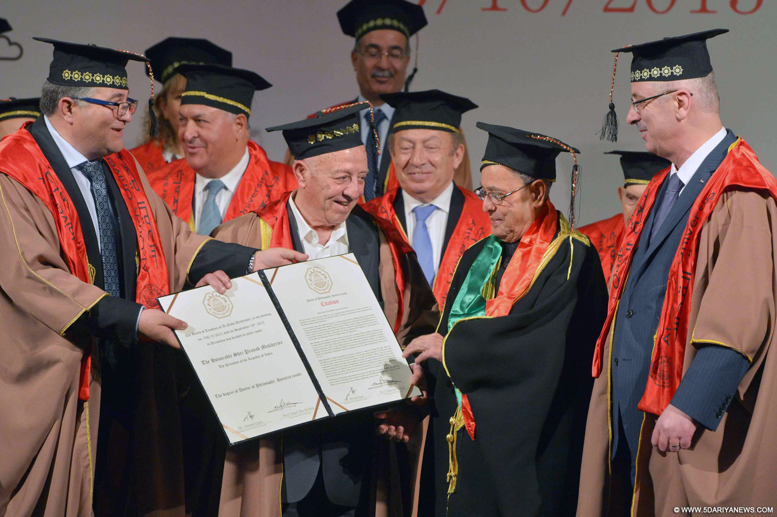 President Pranab Mukherjee during conferment of Honorary Doctorate, at Al-Quds University, Abu Dees, in Palestine by the Prime Minister of Palestine, on Oct 13, 2015
