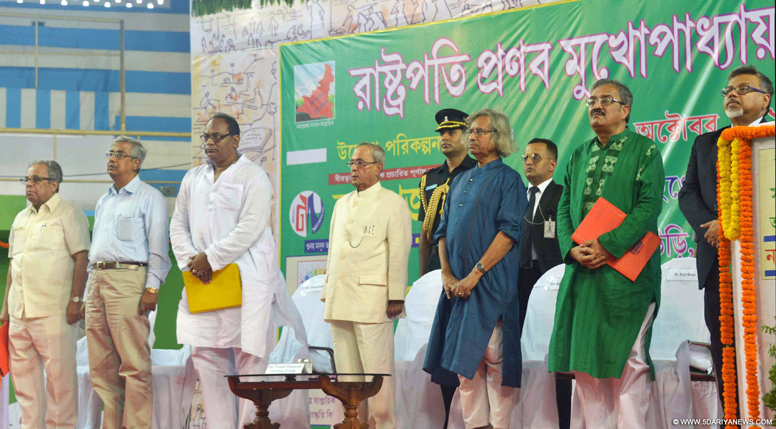 The President, Shri Pranab Mukherjee attending the felicitation function, organized by Nayaprajanma, a local weekly newspaper and Suri Sabujer Abhijan, a cultural organization at Birbhum Indoor Stadium, in West Bengal on October 19, 2015.