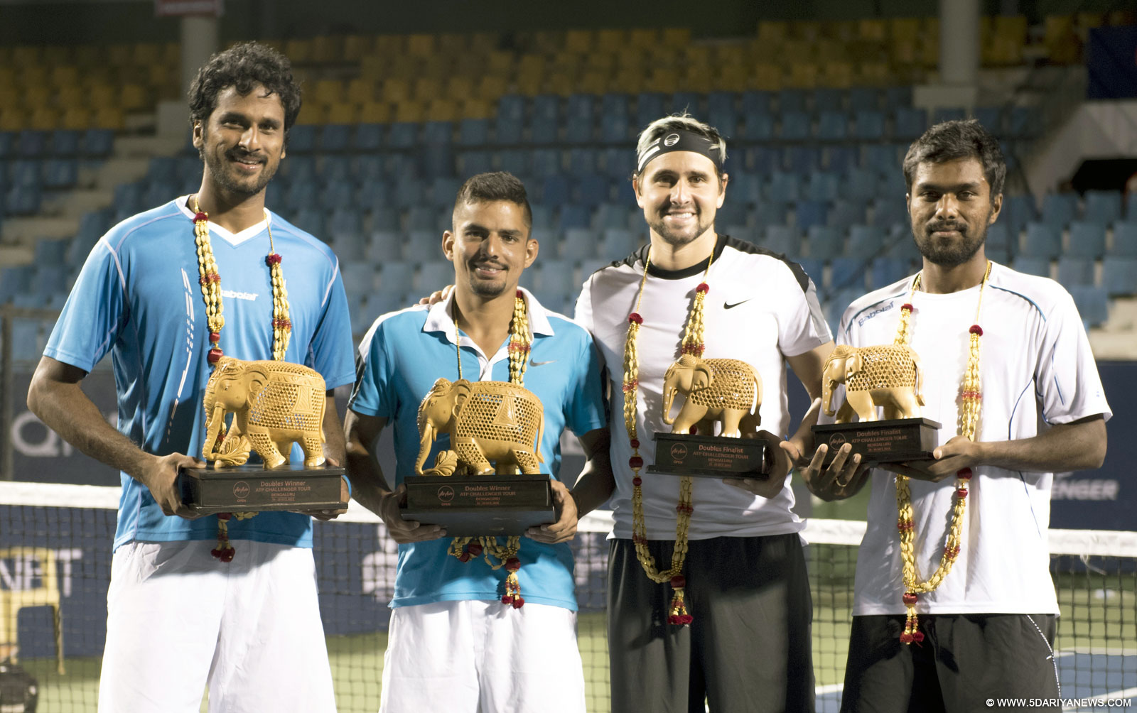Doubles winner India`s Saketh Myneni and Sanam Singh with runners-up India`s Vijay Sundar Prashanth and USA`s John Paul Fruttero during the prize distribution ceremony of ATP Challenger Tour at KSLTA, in Bengaluru, on Oct 24, 2015.