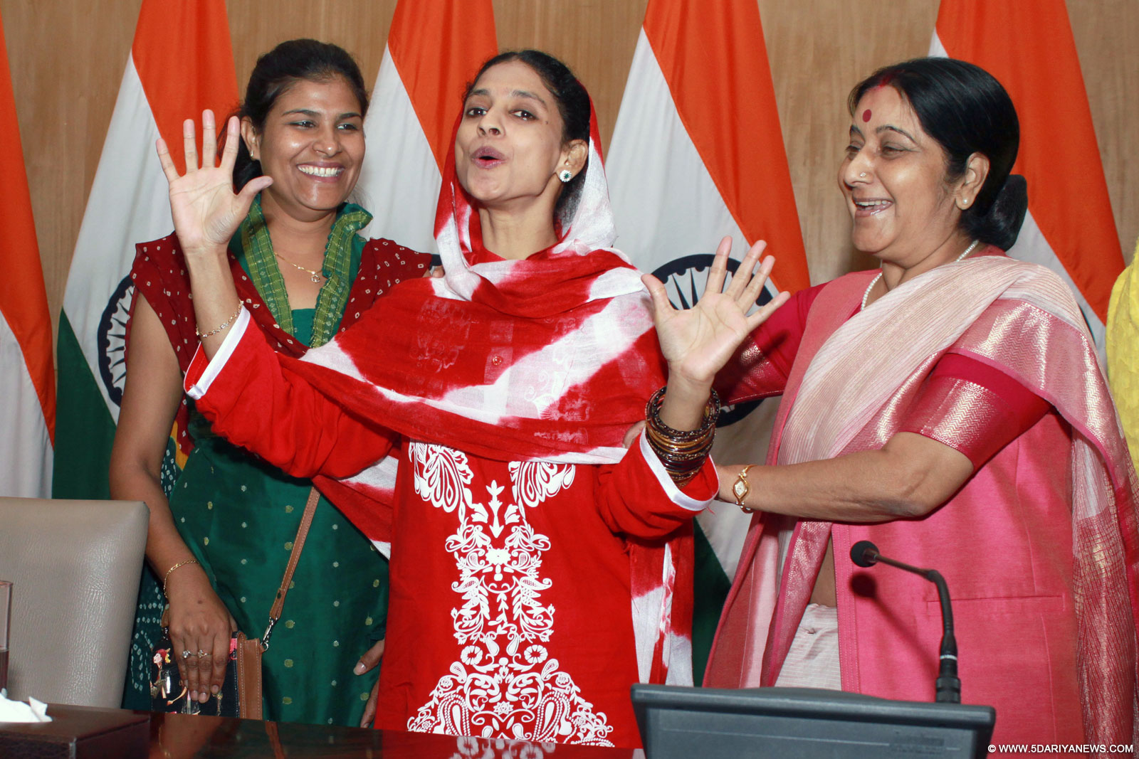 External Affairs Minister Sushma Swaraj with Geeta, a deaf-mute Indian woman who has been stranded in Pakistan for over a decade during a press conference in New Delhi on Oct 26, 2015. 