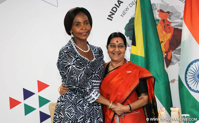 External Affairs Minister Sushma Swaraj meets the Foreign Minister of South Africa, Maite Nkoana-Mashabane on the sidelines of 3rd India Africa Forum Summit in New Delhi, on Oct 27, 2015. 