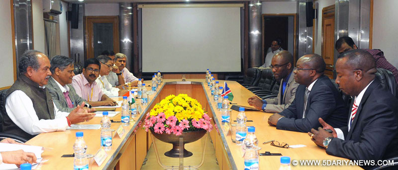 The Minister of Mines and Energy of Namibia, Mr. Obeth Kandjoze meeting the Union Minister for Mines and Steel, Shri Narendra Singh Tomar, in New Delhi on October 27, 2015. The Secretary, Ministry of Micro, Small & Medium Enterprises and Steel, Dr. Anup K. Pujari is also seen.