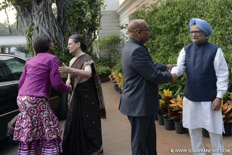 South African President Jacob Zuma and South African Minister of International Relations and Cooperation Maite Nkoana-Mashabane meet Former Prime Minister Manmohan Singh and Congress chief Sonia Gandhi in New Delhi, on Oct 29, 2015.