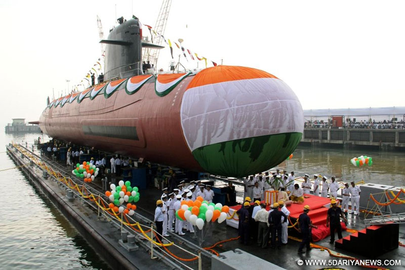 A view of INS Kalvari, the first of six Scorpene diesel-electric attack submarines (SSKs) that began its sea trials at Mazagon Dockyard Ltd (MDL) in Mumbai on Oct 29, 2015. The 66-metre-long INS Kalvari will commence and are likely to continue for the next 10 months until the commissioning of the submarine. 