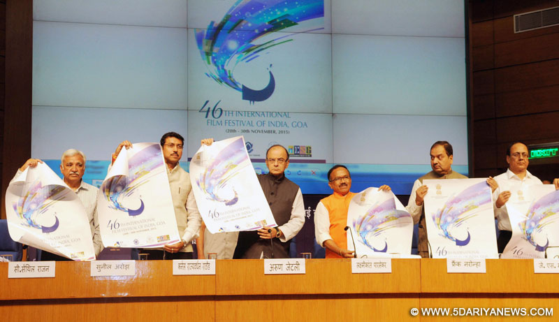 Arun Jaitley releasing a poster on 46th International Film Festival of India (IFFI), at a press conference, in New Delhi on November 03, 2015. 