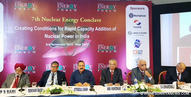Dr. Jitendra Singh at the inauguration of the 7th Nuclear Energy Conclave, in New Delhi on November 03, 2015. The Chairman, Atomic Energy Commission and Secretary to Department of Atomic Energy, Dr. Sekhar Basu and other dignitaries are also seen.