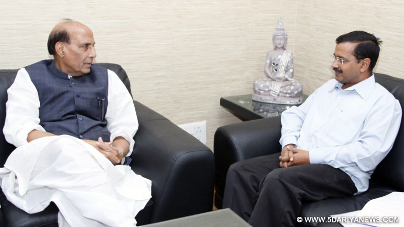 Delhi Chief Minister Arvind Kejriwal calls on the Union Home Minister Rajnath Singh, in New Delhi on Nov. 5, 2015.