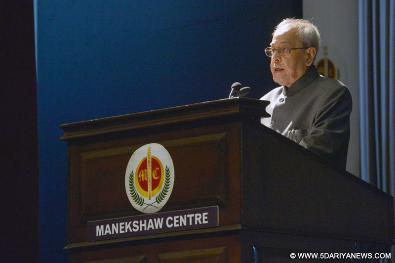 President Pranab Mukherjee addresses the Cavalry Memorial Lecture, organised by the Indian Cavalry Association, in New Delhi on Nov 18, 2015. 