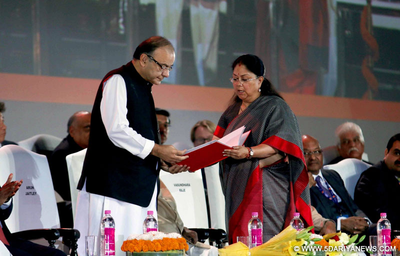 Union Minister for Finance, Corporate Affairs, and Information and Broadcasting Arun Jaitley being welcomed by Rajasthan Chief Minister Vasundhara Raje at Resurgent Rajasthan Partnership Summit - 2015 in Jaipur, on Nov 19, 2015. 