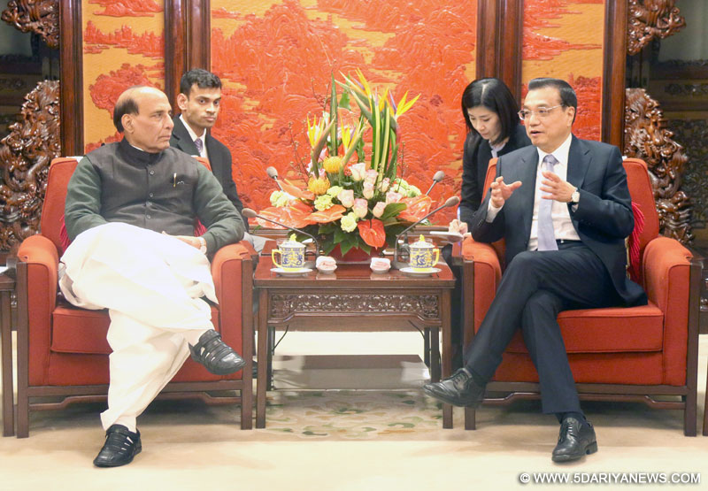 The Union Home Minister, Shri Rajnath Singh calling on the Chinese Premier, Mr. Li Keqiang, in Beijing, China on November 19, 2015.