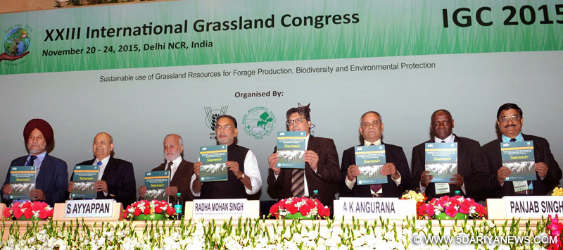 The Union Minister for Agriculture and Farmers Welfare, Shri Radha Mohan Singh releasing the book at the inauguration of the 23rd International Grassland Congress, in New Delhi on November 20, 2015. The Secretary (DARE) & DG (ICAR), Dr. S. Ayyappan and other dignitaries are also seen.