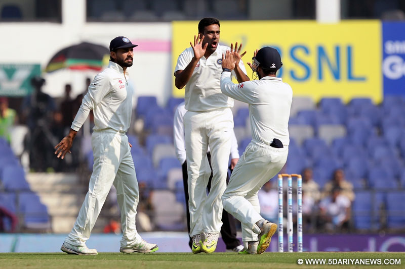 Indian cricketer R Ashwin celebrates fall of a wicket during the Day-2 of the third test match between India and South Africa at Vidarbha Cricket Association Stadium in Nagpur on Nov 26, 2015. 