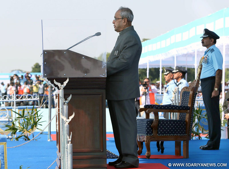 The President, Shri Pranab Mukherjee addressing at the presentation of the President’s Standard to the 18 Squadron and 22 Squadron of Indian Air Force, at Hasimara, in West Bengal on November 28, 2015. The Chief of the Air Staff, Air Chief Marshal Arup Raha is also seen.