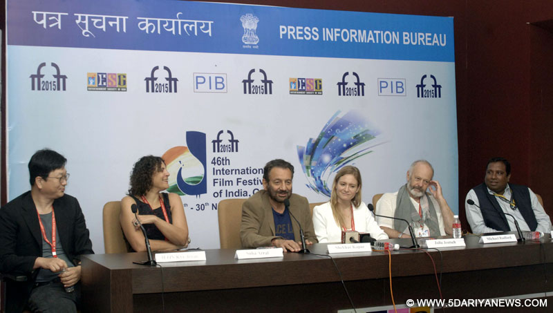 The International Jury members, Shekhar Kapur, Jeon Kyun-hwan, Suha Arraf, Julia Jentsch, Michael Radford at a press conference, during the 46th International Film Festival of India (IFFI-2015), in Panaji, Goa on November 29, 2015.