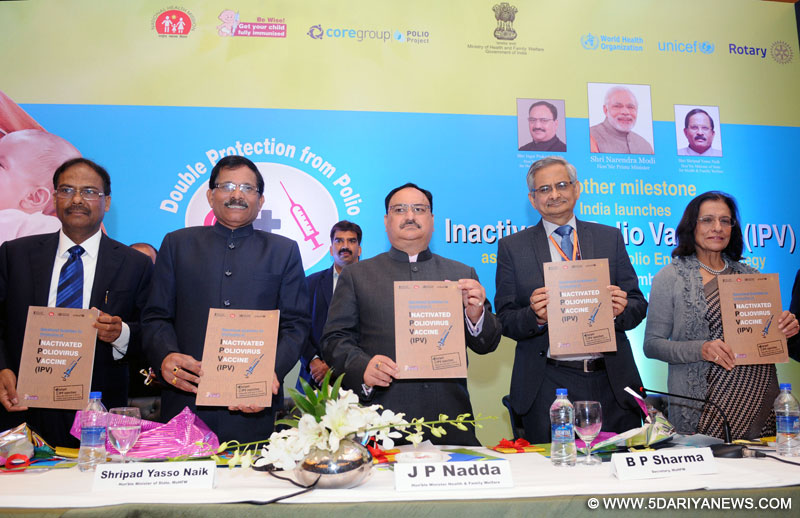 The Union Minister for Health & Family Welfare, Shri J.P. Nadda releasing the operation guidelines, at the launch of the Inactivated Polio Vaccine (IPV), in New Delhi on November 30, 2015. The Minister of State for AYUSH (Independent Charge) and Health & Family Welfare, Shri Shripad Yesso Naik, the Secretary, Ministry of Health and Family Welfare, Shri B.P. Sharma and the DGHS, Dr. Jagdish Prasad are also seen.