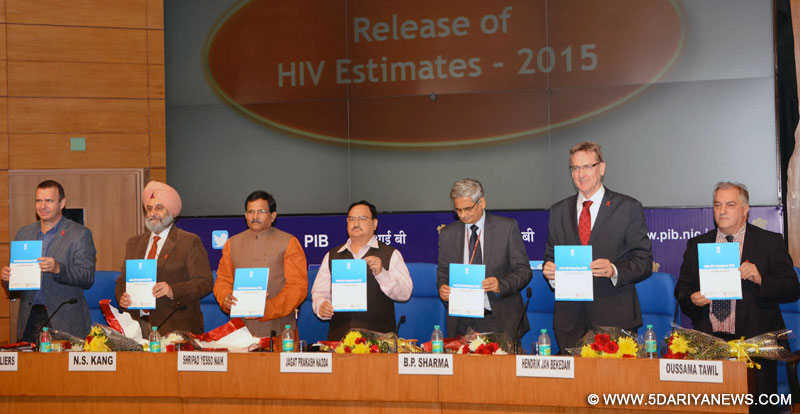 The Union Minister for Health & Family Welfare, Shri J.P. Nadda releasing the “India HIV Estimations 2015-Technical Report”, at a function, on the occasion of World AIDS Day, 2015, organised by the National AIDS Control Organisation (NACO), Ministry of Health and Family Welfare, in New Delhi on December 01, 2015. The Minister of State for AYUSH (Independent Charge) and Health & Family Welfare, Shri Shripad Yesso Naik, the Secretary (Health), Shri B.P. Sharma, the Additional Secretary, NACO, Shri