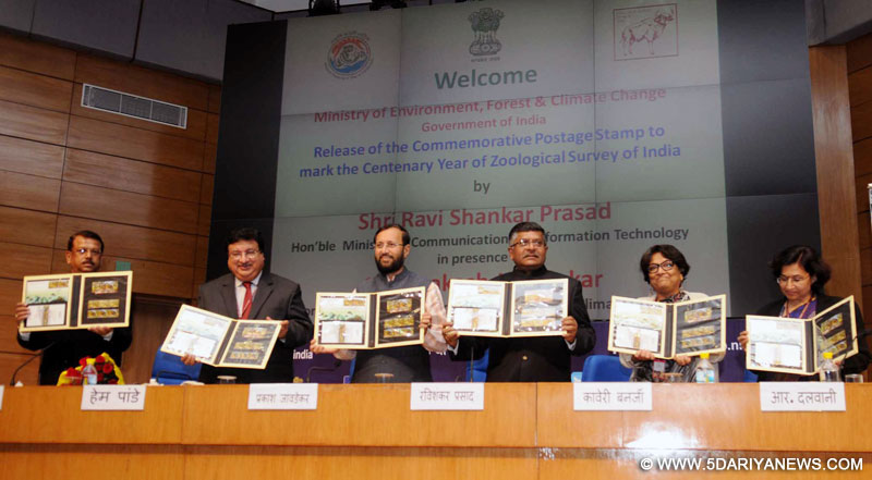 The Union Minister for Communications & Information Technology, Shri Ravi Shankar Prasad releasing a commemorative postage stamp to mark the Centenary year of Zoological Survey of India (ZSI), in New Delhi on December 03, 2015. The Minister of State for Environment, Forest and Climate Change (Independent Charge), Shri Prakash Javadekar and other dignitaries are also seen.