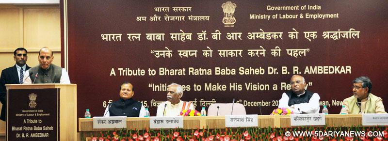 The Union Home Minister, Shri Rajnath Singh addressing after releasing a booklet on Dr. B.R. Ambedkar to commemorate his 125th Birth Anniversary, in New Delhi on December 06, 2015. The Minister of State for Labour and Employment (Independent Charge), Shri Bandaru Dattatreya, the Secretary, Ministry of Labour and Employment, Shri Shankar Aggarwal and other dignitaries are also seen.