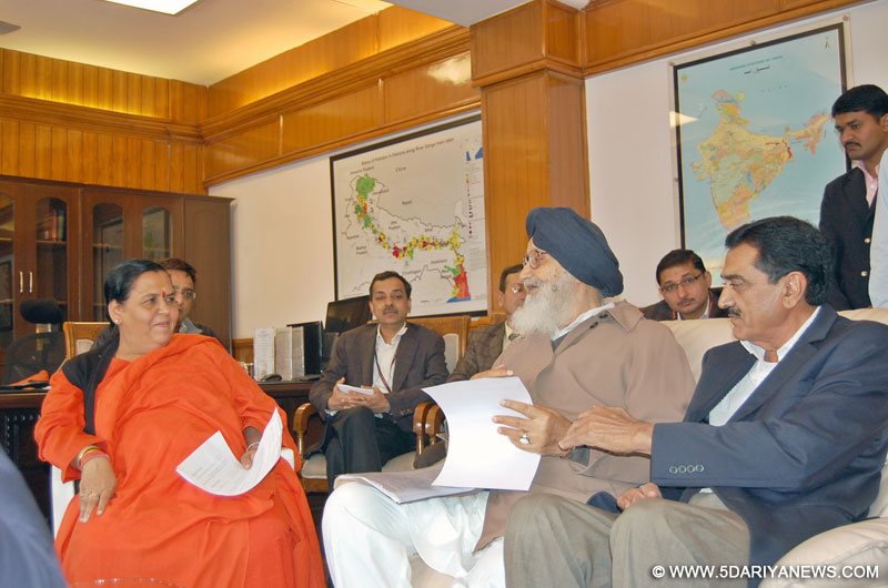 Punjab Chief Minister Mr. Parkash Singh Badal calls on Union Minister for Water Resources Ms. Uma Bharti at her office in Shram Shakti Bhawan, New Delhi on Monday. 