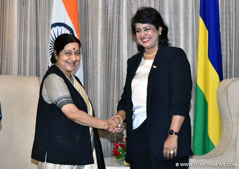 External Affairs Minister Sushma Swaraj meets President Bibi Ameenah Firdaus Gurib-Fakim of Mauritius in New Delhi on Dec 7, 2015.