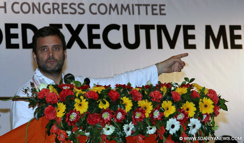 Congress vice president Rahul Gandhi addresses during a party programme in Guwahati on Dec 11, 2015.