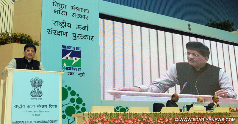  Piyush Goyal addressing at the National Energy Conservation Day function, in New Delhi on December 14, 2015. The Secretary, Ministry of Power, Shri P.K. Pujari and other dignitaries are also seen.