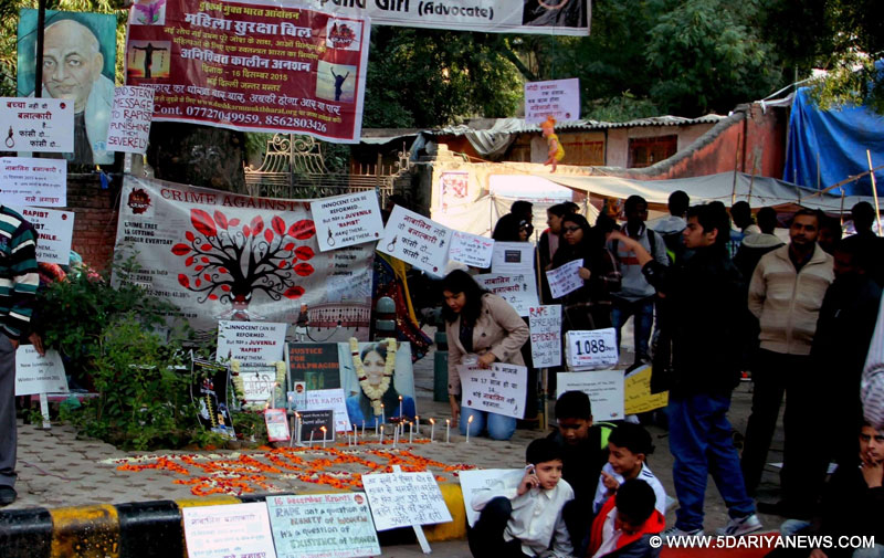 Activists protesting on third anniversary of December 16 Delhi gangrape against the release of the juvenile who was accused in the rape of a girl in New Delhi on Dec. 16, 2015 