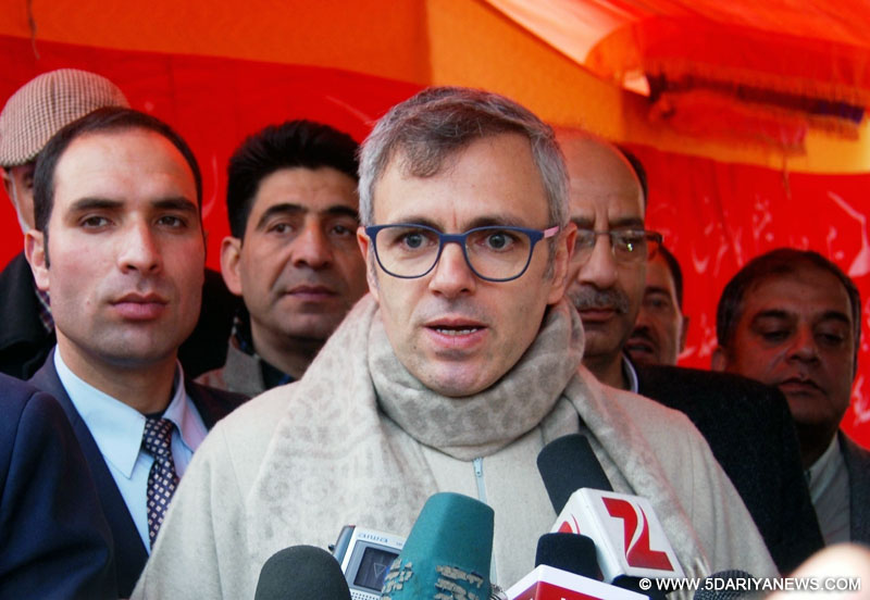 National Conference (NC) working president Omar Abdullah talks to press during a party programme in Anantnag of Jammu and Kashmir on Dec 17, 2015.