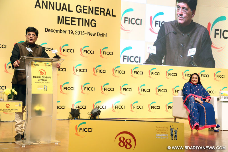 The Minister of State (Independent Charge) for Power, Coal and New and Renewable Energy, Shri Piyush Goyal addressing the FICCI 88th Annual General Meeting, in New Delhi on on December 19, 2015. 