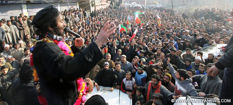 JKLF Chairman Mohammad Yasin Malik addresses a rally in Budgam of Jammu and Kashmir on Dec 20, 2015. 