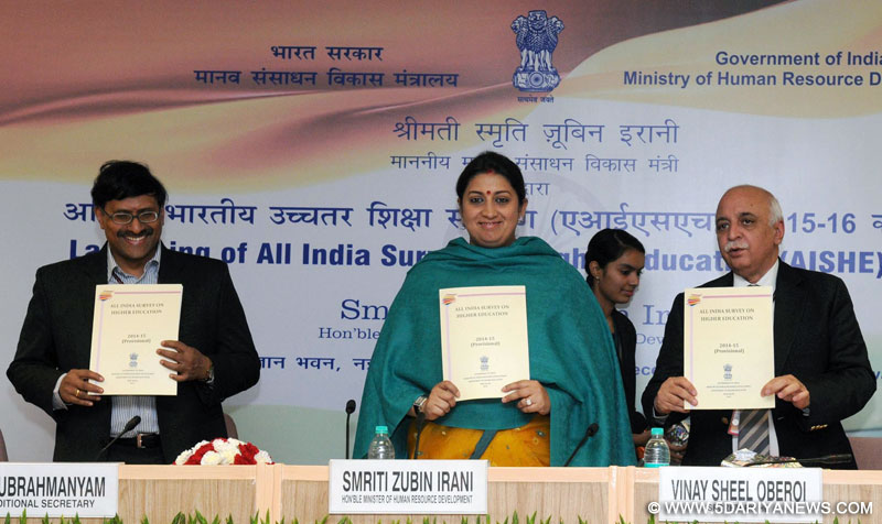 The Union Minister for Human Resource Development, Smt. Smriti Irani launching the All India Survey of Higher Education (AISHE), at a function, in New Delhi on December 21, 2015. The Secretary, Department of Higher Education, Shri V.S. Oberoi and the Additional Secretary (TE), Ministry of Human Resource Development, Shri R. Subrahmanyam are also seen.