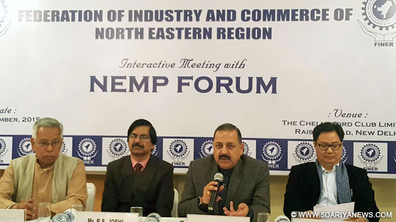 Dr. Jitendra Singh and the Minister of State for Home Affairs, Shri Kiren Rijiju at an interactive programme of MPs from Northeast and trade representatives, organised by “Federation of Industry and Commerce of North Eastern Region”, in New Delhi on December 21, 2015. 