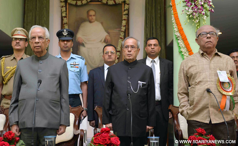 The President, Shri Pranab Mukherjee at a function of the Indira Gandhi Memorial Lecture on National Integration, at the Asiatic Society, in Kolkata, West Bengal on December 14, 2015. The Governor of West Bengal, Shri Keshari Nath Tripathi is also seen.