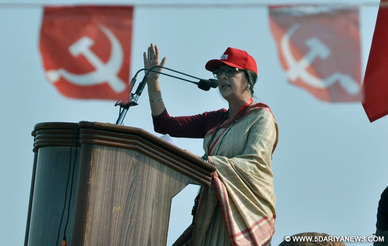 CPI-M leader Brinda Karat addresses during a party rally in Kolkata, on Dec 27, 2015. 