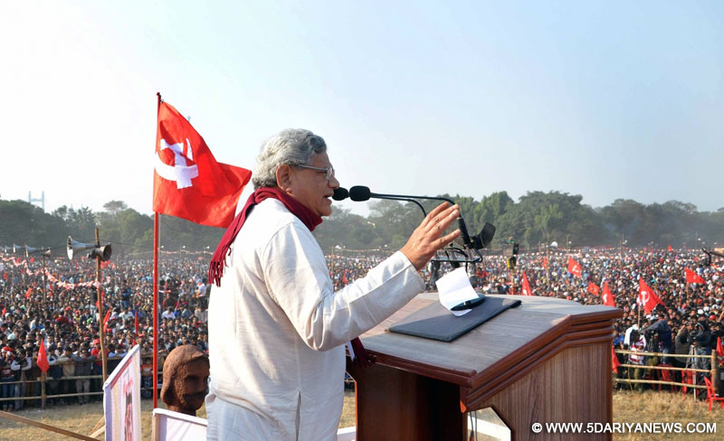 CPI-M general secretary Sitaram Yechury addresses during a party rally in Kolkata, on Dec 27, 2015.