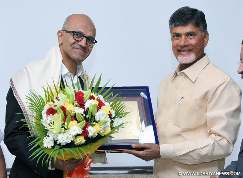 Microsoft CEO Satya Nadella calls on Andhra Pradesh Chief Minister N. Chandrababu Naidu in Hyderabad, on Dec 28, 2015. 