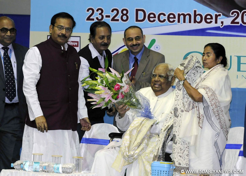 West Bengal Chief Minister Mamata Banerjee, with Former CPI-M leader Somnath Chatterjee and West Bengal Minister Aroop Biswas during inauguration of "77th Cadet & Sub Junior National & Inter state Table Tennis Championship 2015" in Kolkata, on Dec 28, 2015.
