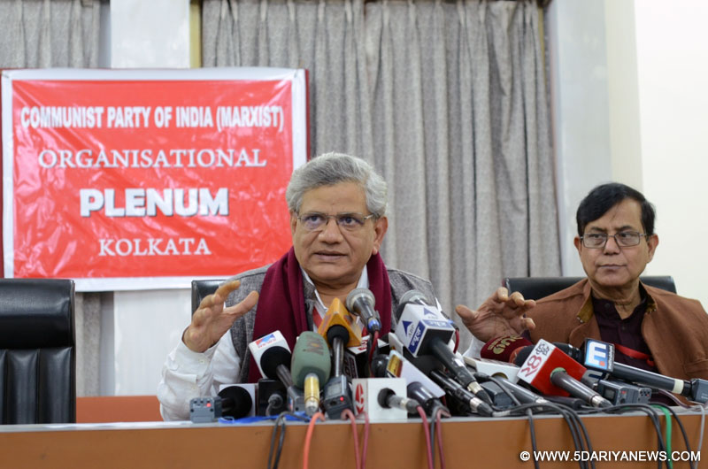 CPI-M general secretary Sitaram Yechury and party MP Mohammed Salim during a press conference in Kolkata, on Dec 28, 2015