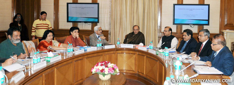 The Union Minister for Finance, Corporate Affairs and Information & Broadcasting, Shri Arun Jaitley chairing the first meeting of the Governing Council of National Investment & Infrastructure Fund Trustee Ltd. (NIFTL), in New Delhi on December 29, 2015. The Minister of State for Finance, Shri Jayant Sinha and other dignitaries are also seen. 