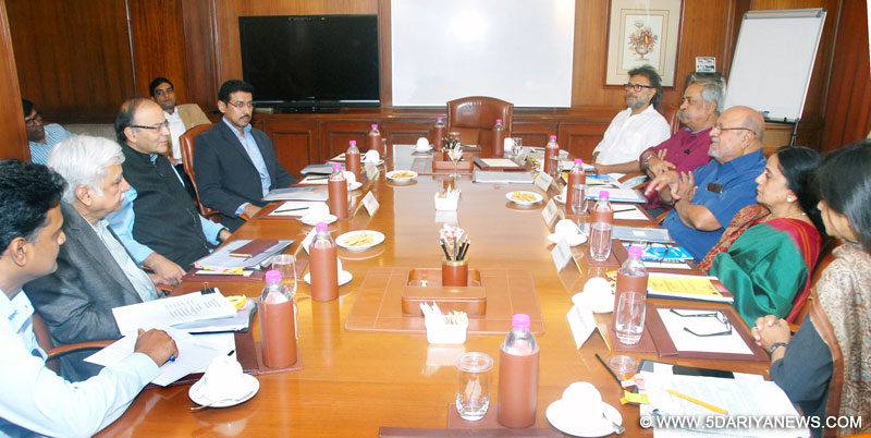 The Union Minister for Finance, Corporate Affairs and Information & Broadcasting, Shri Arun Jaitley and the Minister of State for Information & Broadcasting, Col. Rajyavardhan Singh Rathore attending the meeting with the Shyam Benegal Committee, in Mumbai on January 09, 2016. The Secretary, Ministry of Information and Broadcasting, Shri Sunil is also seen.