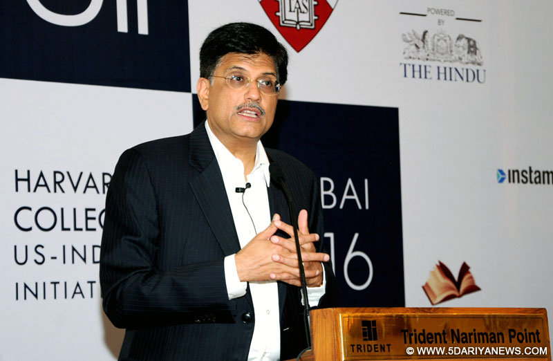 Piyush Goyal addressing at the function of Harvard College US- India Initiative conference, in Mumbai on January 09, 2016.