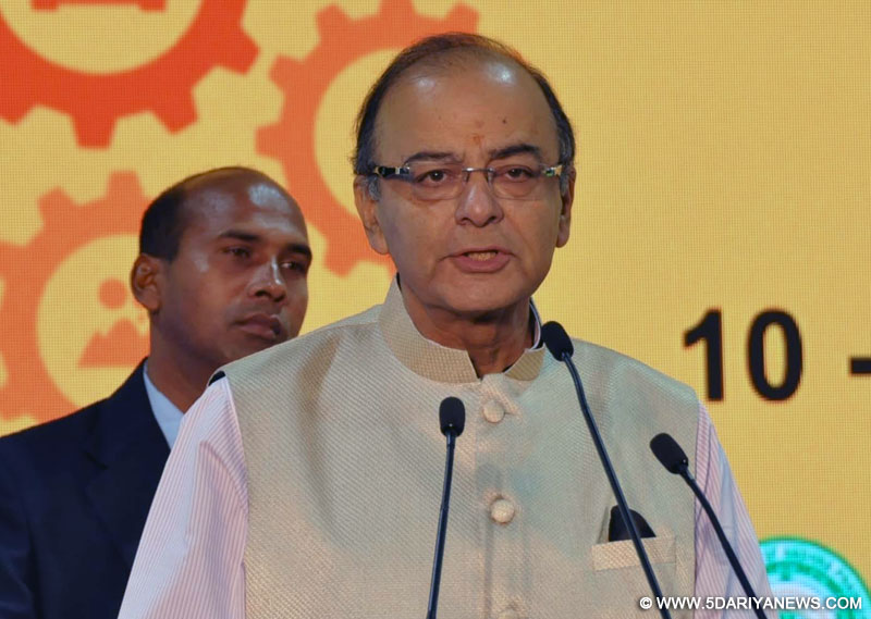 Vishakhapatnam: Union Minister for Finance, Corporate Affairs, and Information and Broadcasting Arun Jaitley addresses during a CII programme in Vishakhapatnam on Jan 10, 2016.